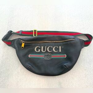 Gucci Large black leather logo interlock GG Web striped  belt bag crossbody